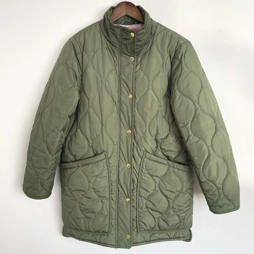 J. Crew Quilted Cocoon Puffer Jacket Army Green Gold Oversized Cozy Casual - Picture 2 of 11